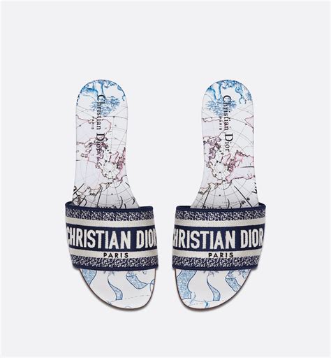 dway slide blue dior around the world embroidered cotton|christian Dior embroidery slide.